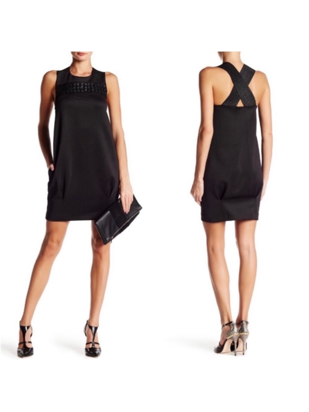 Rachel Roy Cocoon Dress Size S Sleeveless Bead & Leather Embellished Solid Black